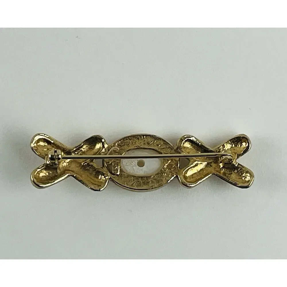 Vintage CAROLEE Brooch Gold Tone Cabochon Pearl Pin XO Faux Twist Criss Cross ex